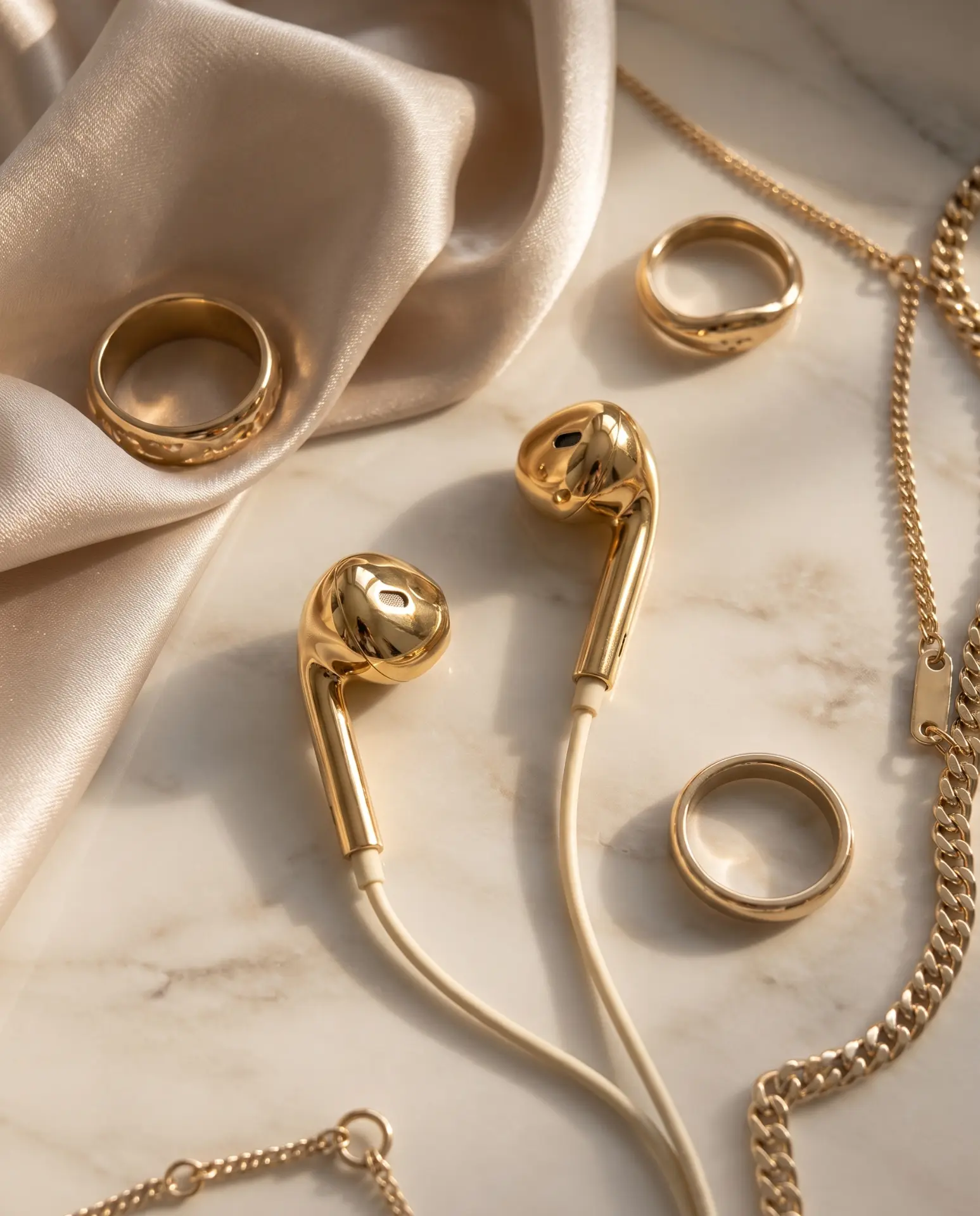 Gold Auralie earbuds on marble with matching gold rings, chain necklace and cream silk