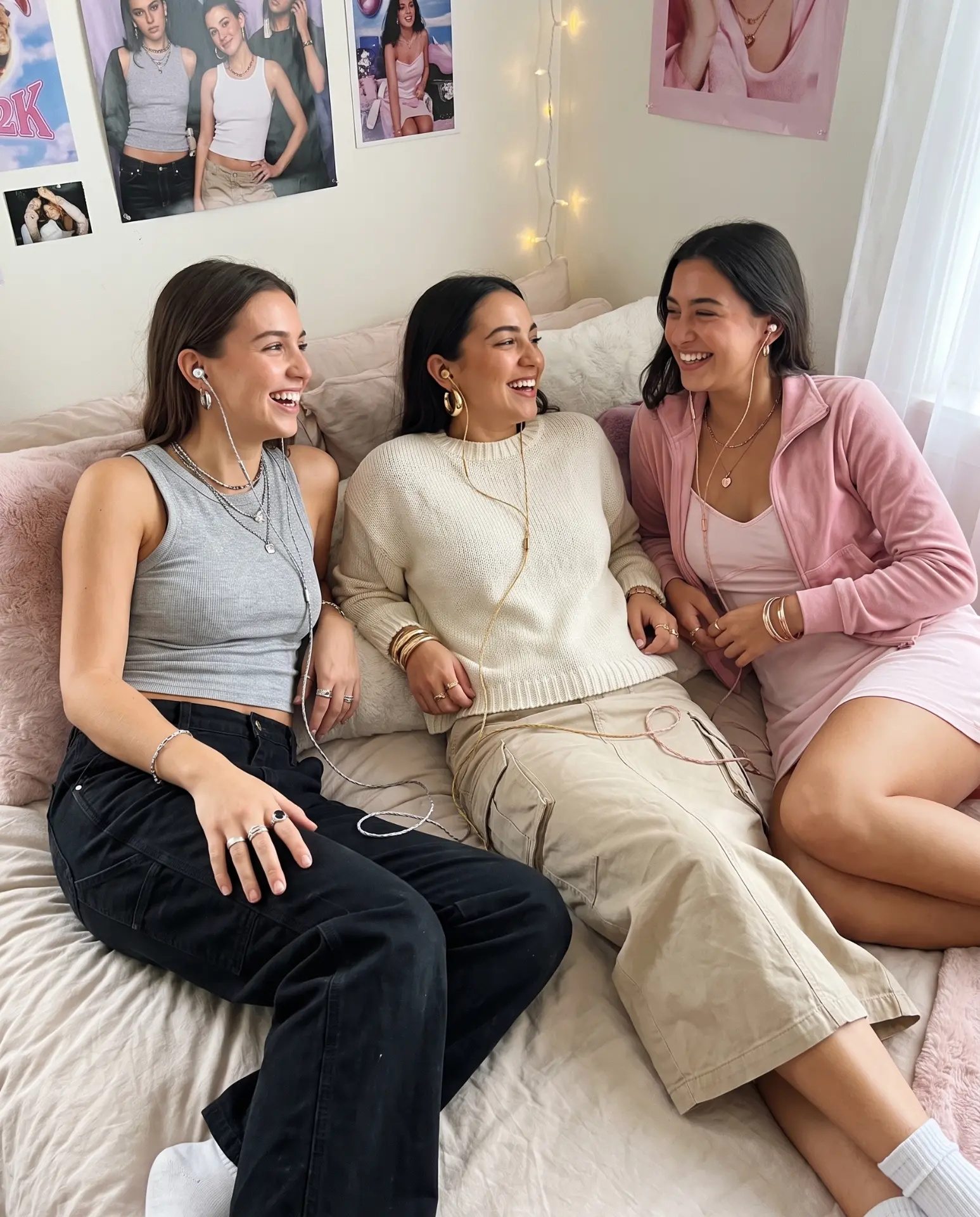 Three friends laughing on a bed, each wearing Auralie wired earbuds in silver, gold and rose gold