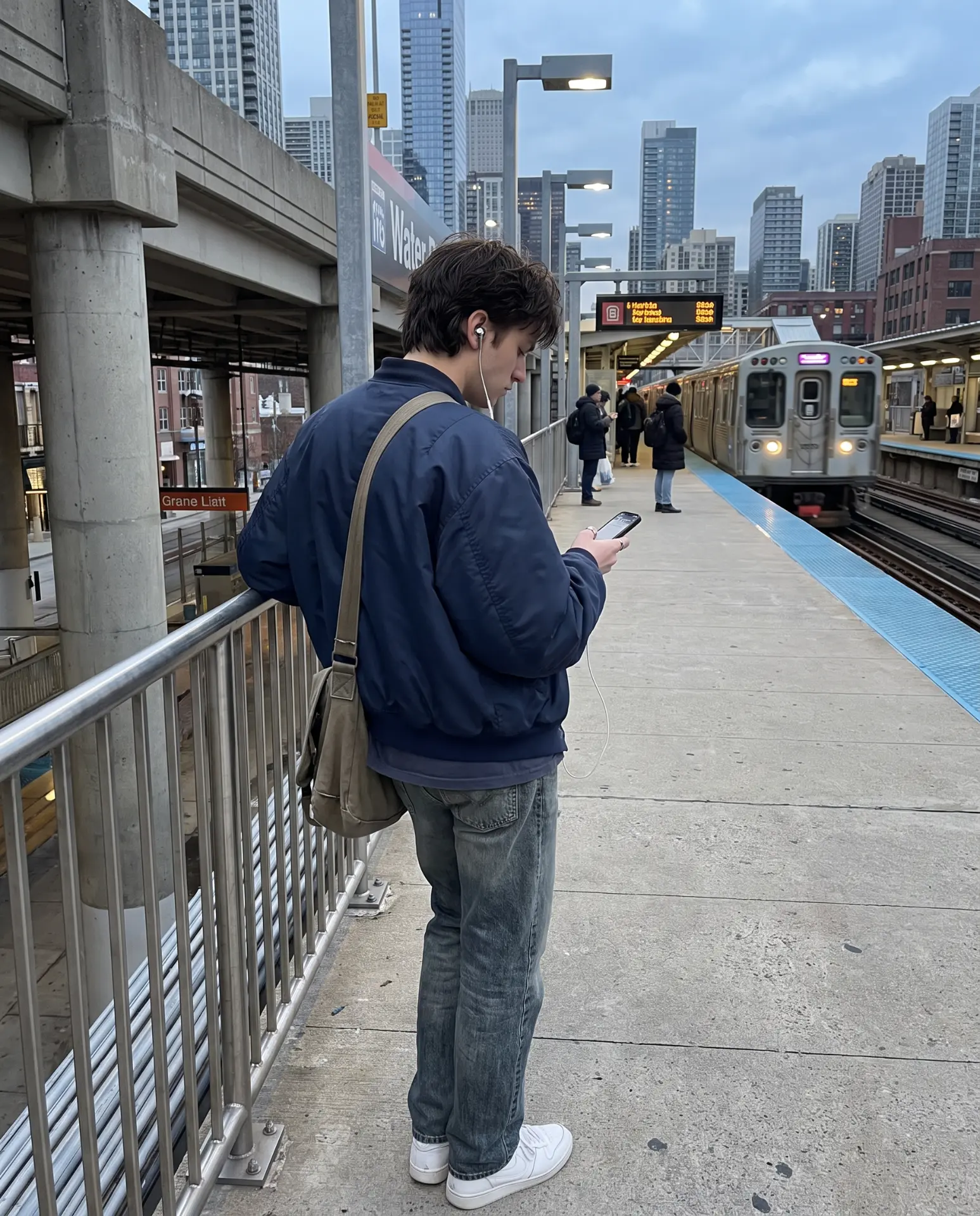Waiting on a train platform wearing silver Auralie earbuds with a shoulder bag