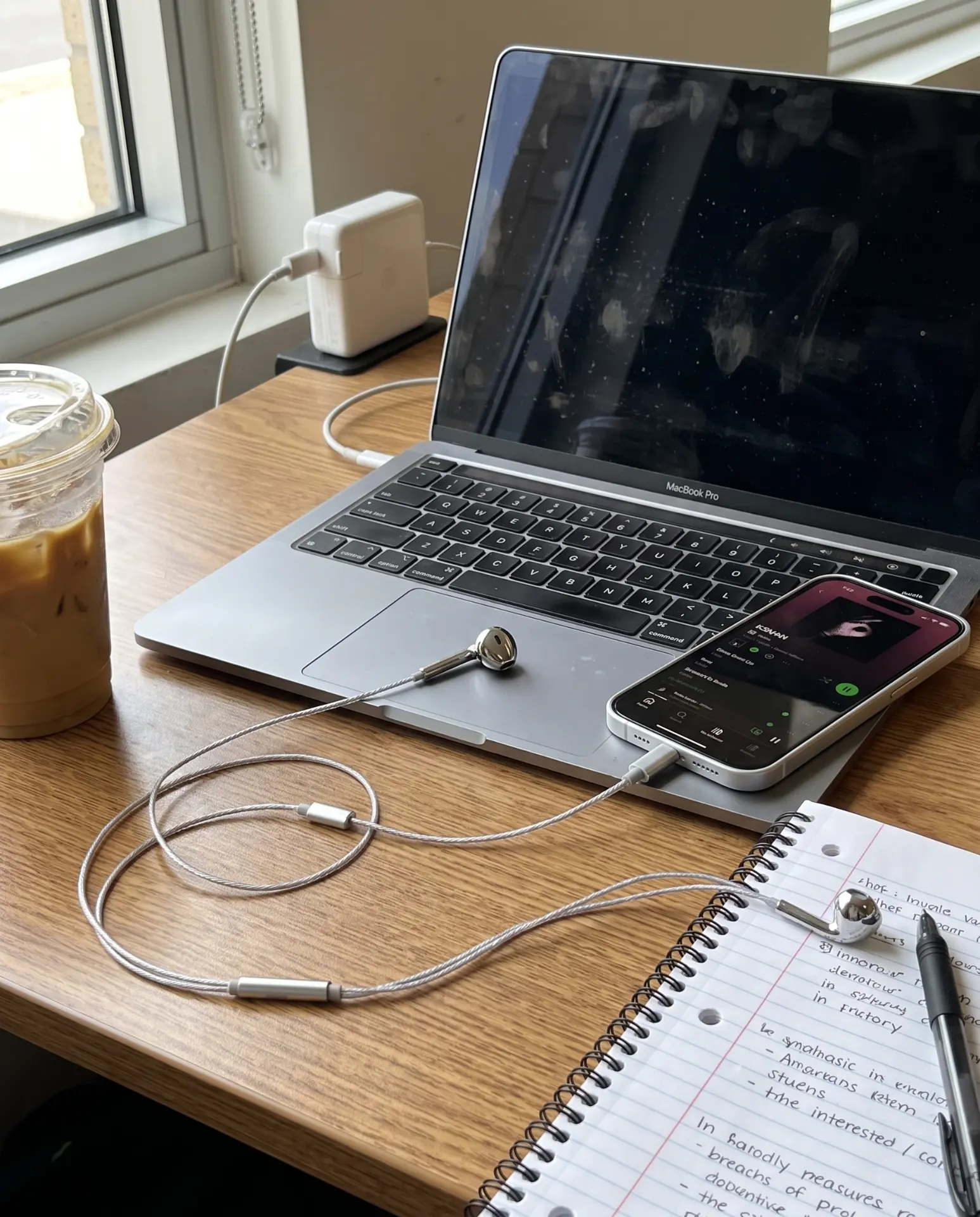 Silver Auralie earbuds on a desk beside a MacBook, phone and iced coffee