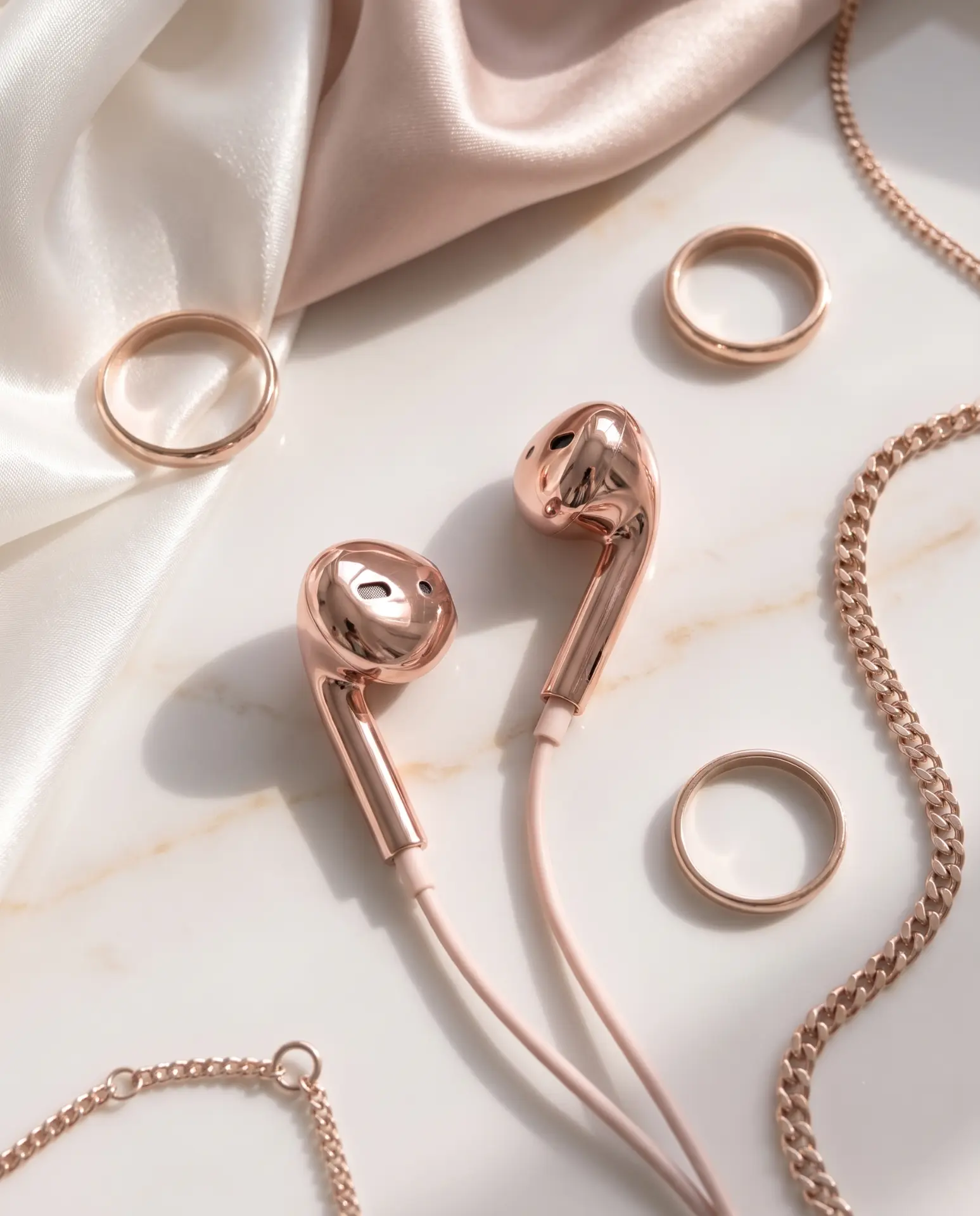 Rose gold Auralie earbuds on marble with matching rose gold rings, chain necklace and blush silk