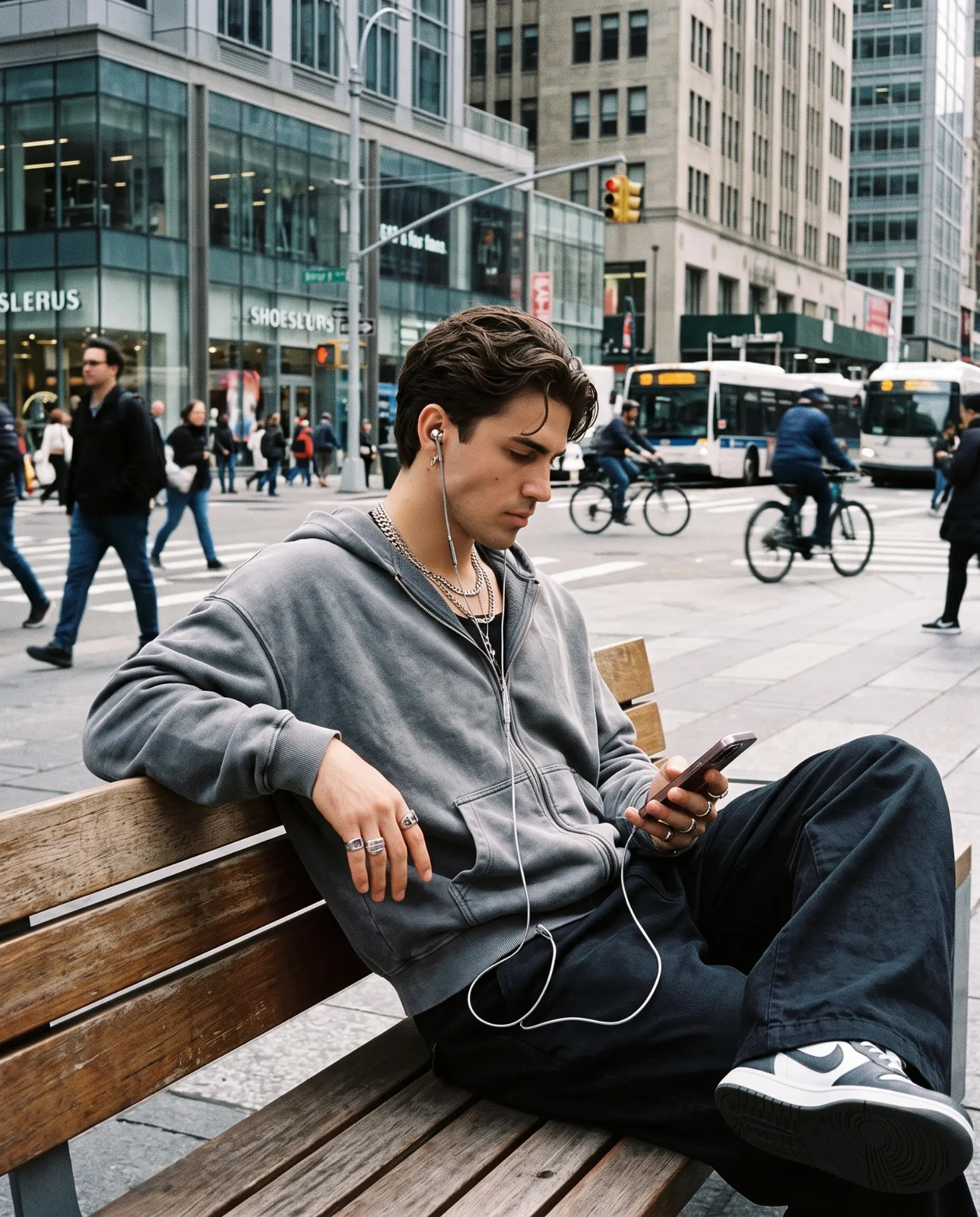 Sitting on a city bench wearing silver Auralie earbuds while scrolling on a phone