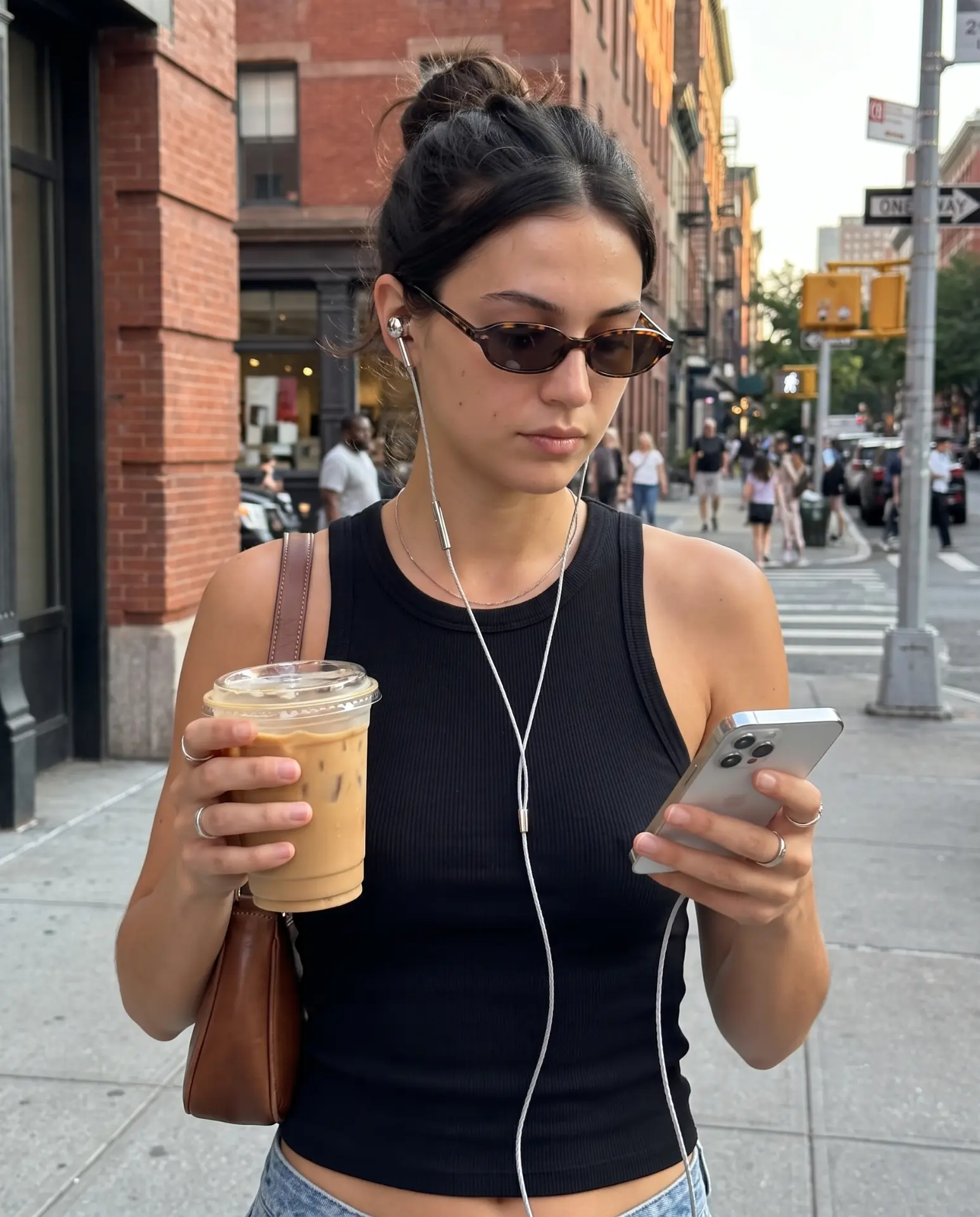 Wearing silver Auralie earbuds on the street with an iced coffee